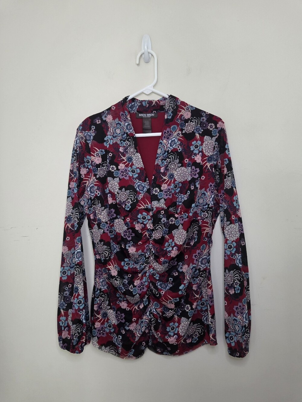 Women's Bisou Bisou Floral Print Long Sleeve Mesh Top Sz XL